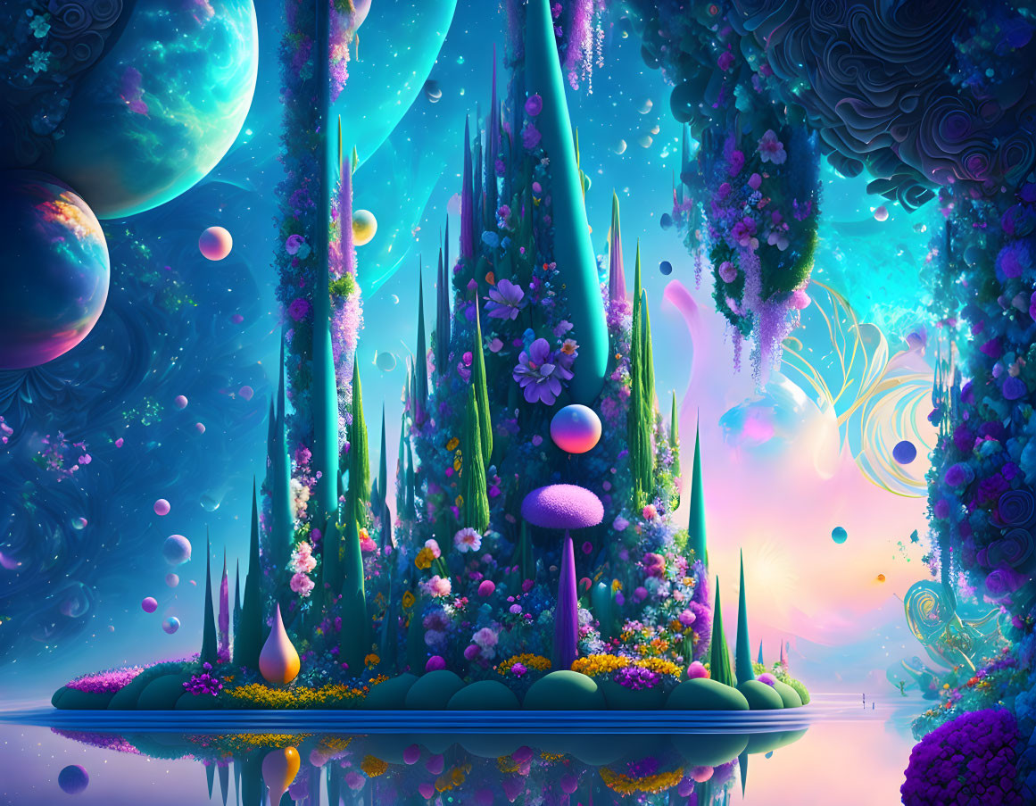 Fantasy landscape with luminescent trees and floating islands