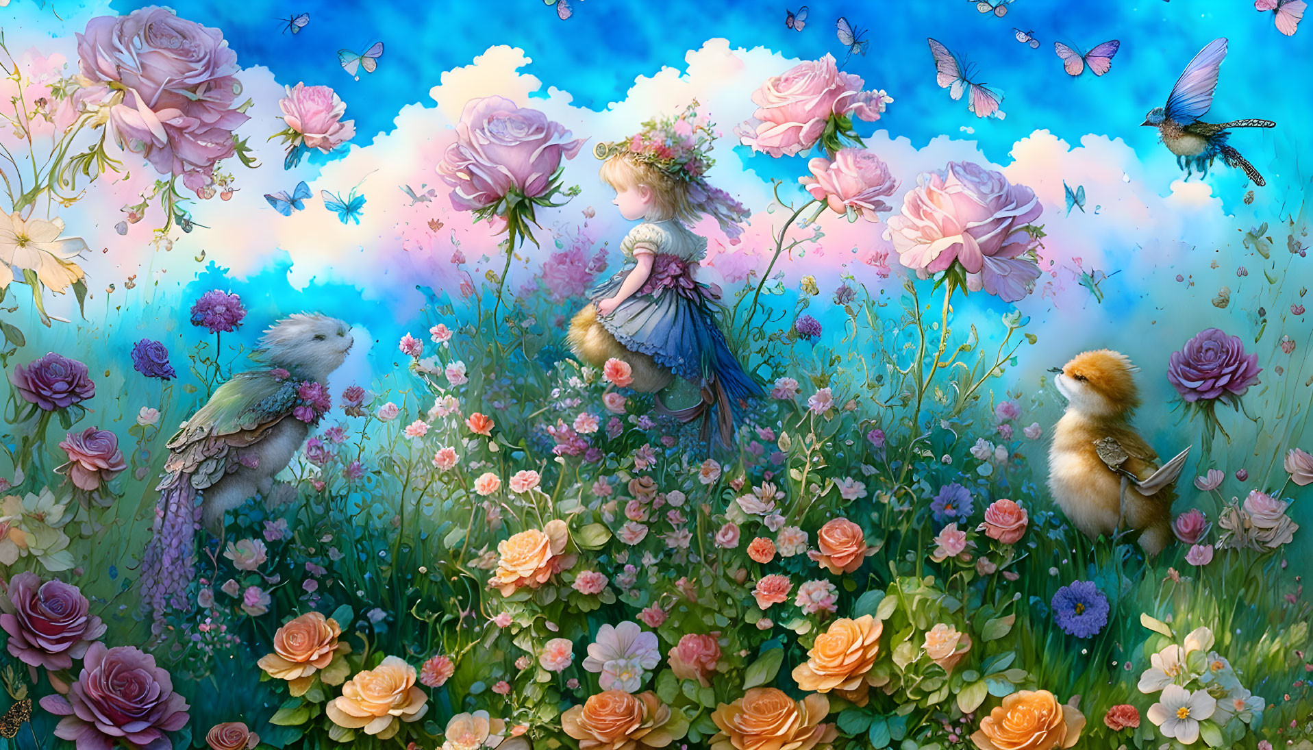 Illustration: Young girl in blue dress surrounded by vibrant flowers and whimsical creatures blending fantasy and nature