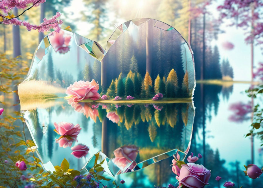 Tranquil lake scene with pine forest, heart shape, pink roses, and lilac flowers