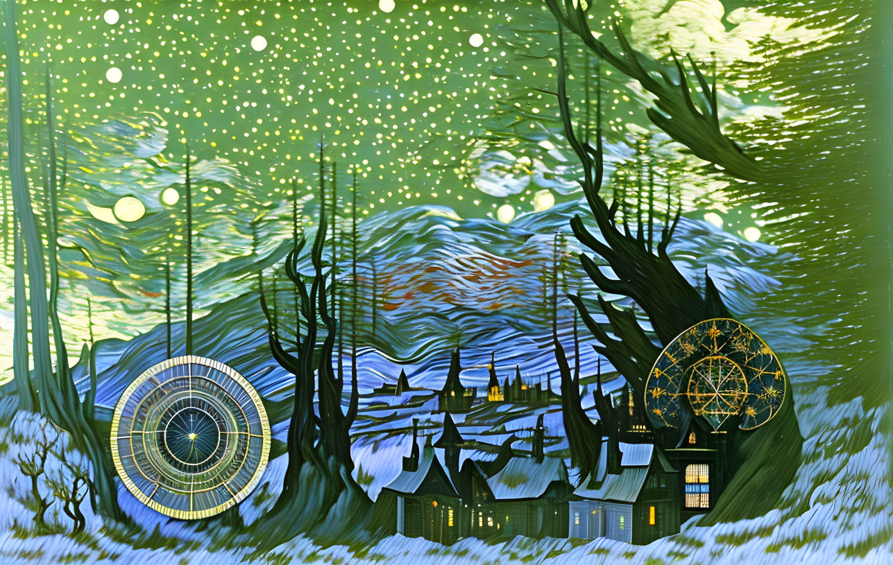 Snowy landscape with whimsical trees and celestial gears in vibrant sky