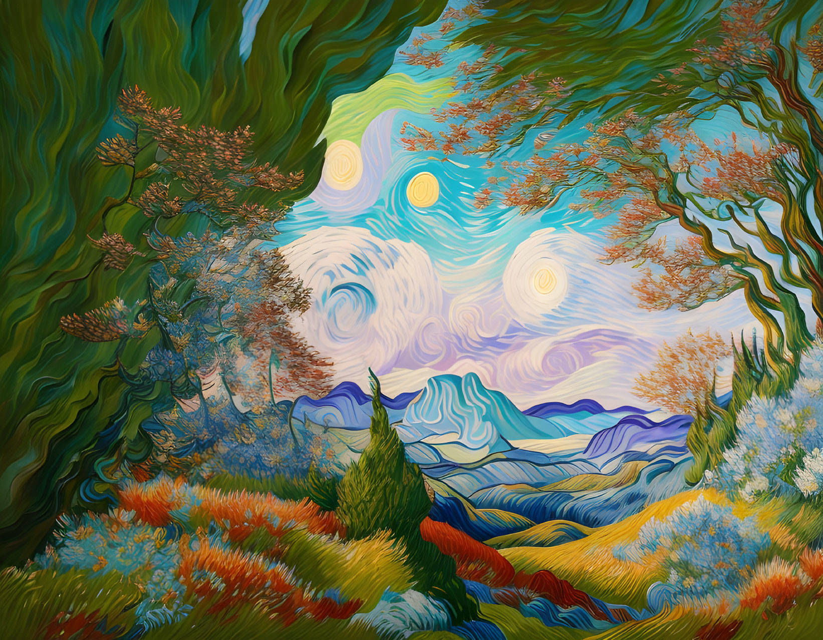 Colorful landscape with swirling skies and bright foliage