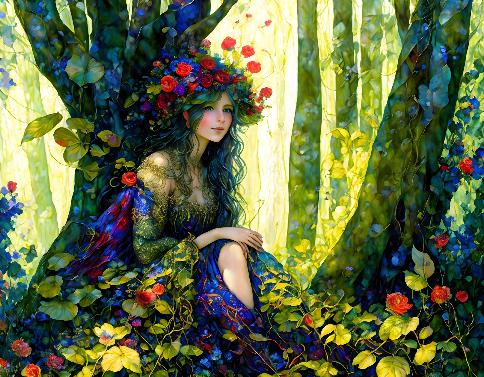 Illustration of woman with flower crown in lush, sunny forest