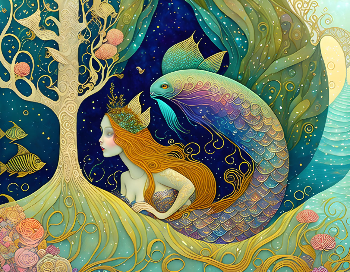 Colorful Mermaid Illustration with Fish and Sea Motifs