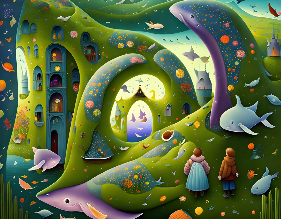 Colorful illustration: Children in fantastical landscape