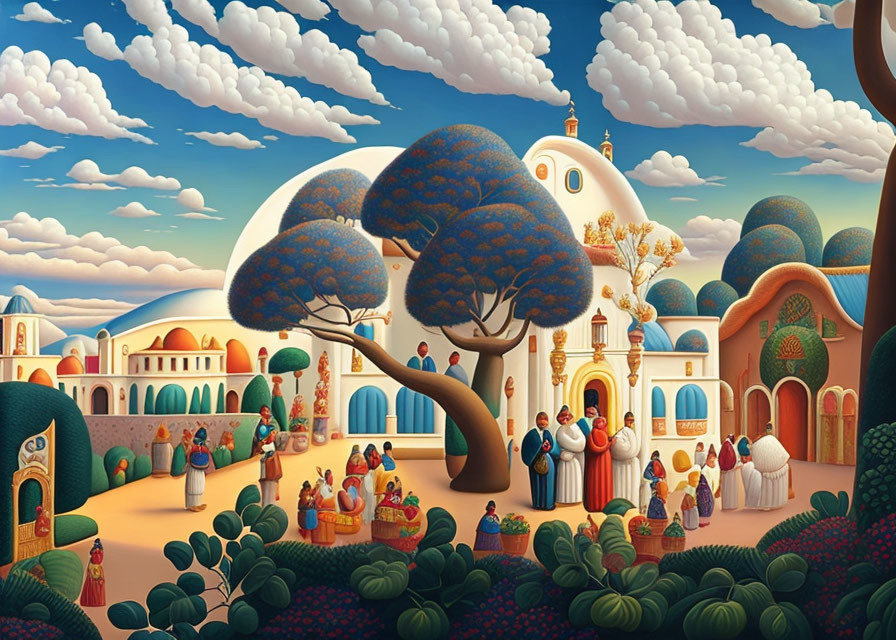 Colorful illustration of festive village gathering with traditional attire and stylized buildings