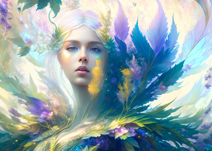 Fantastical portrait of woman with pale hair and blue eyes among vibrant feathers and foliage