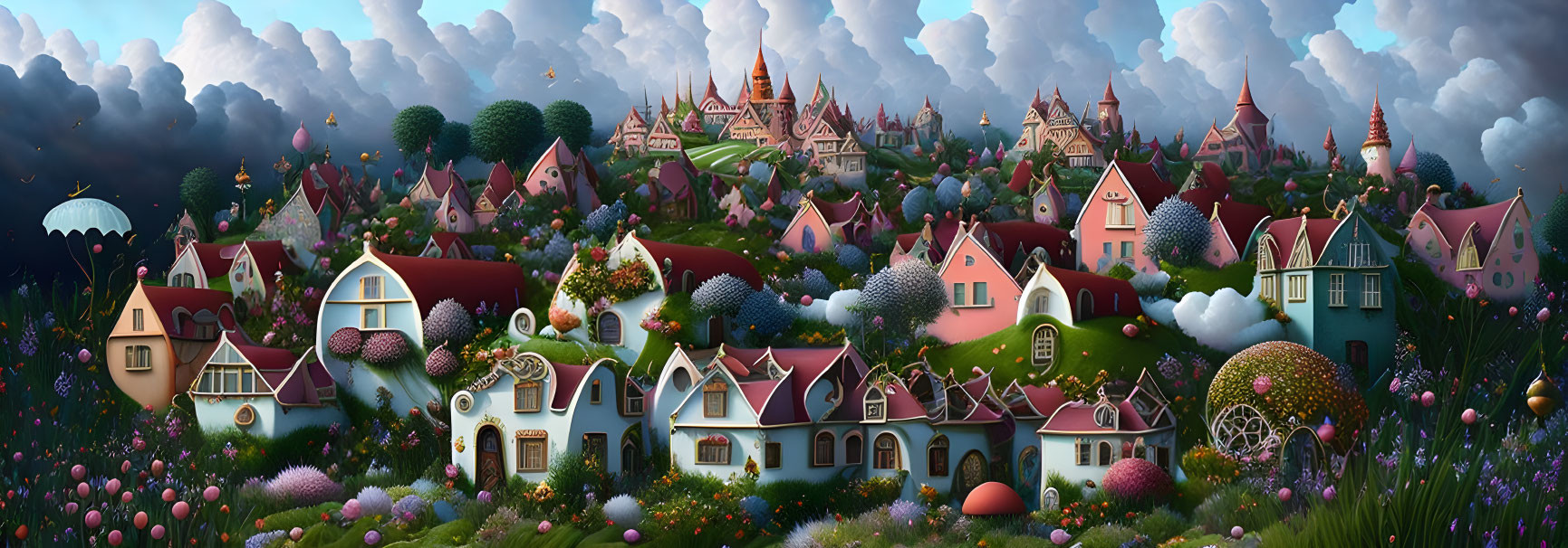 Colorful Whimsical Landscape with Imaginative Houses and Castle