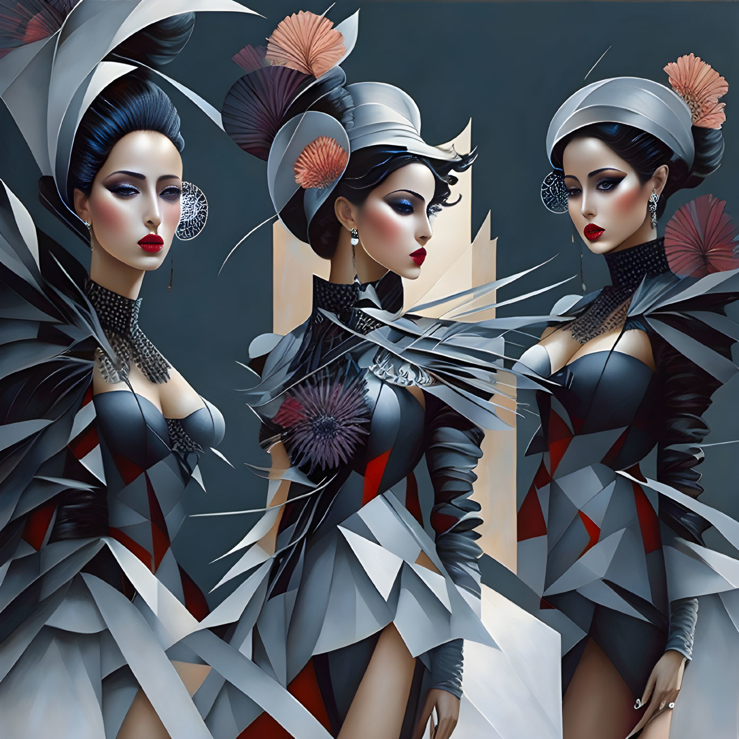 Stylized women with elaborate headdresses in monochromatic palette