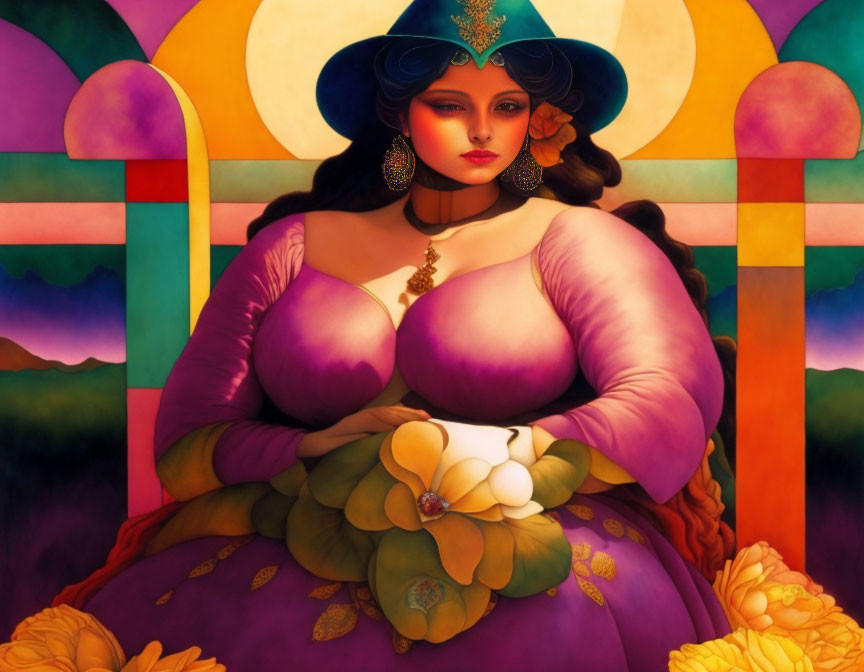 Colorful painting of voluptuous woman with hat and bouquet in stylized landscape