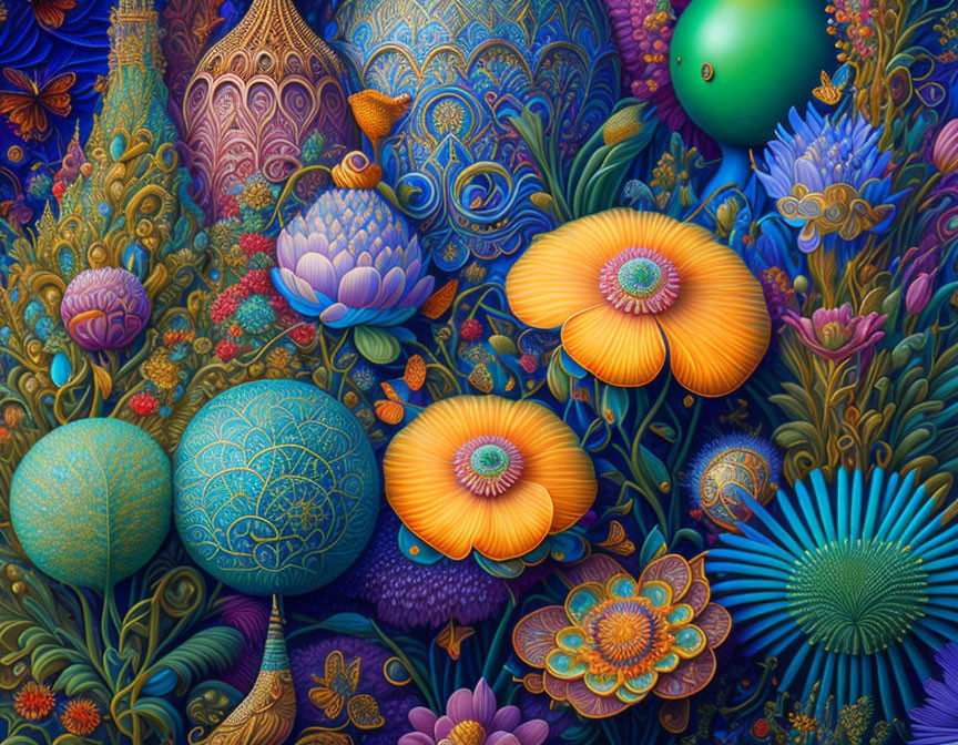 Detailed illustration of vibrant stylized flowers and foliage in blue, purple, gold, and green.