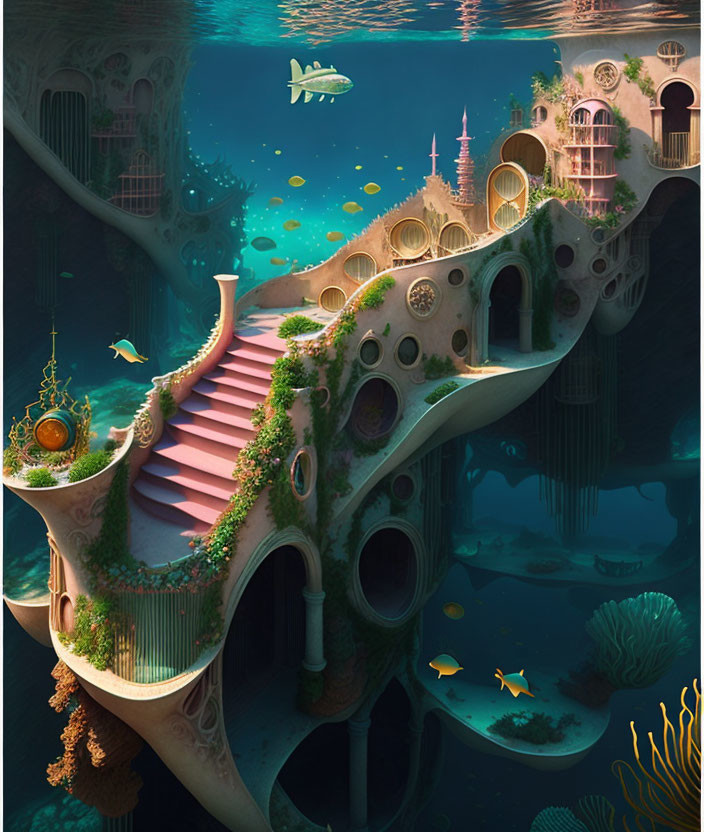 Whimsical underwater fantasy scene with round windows, coral adornments, staircase, colorful fish, and