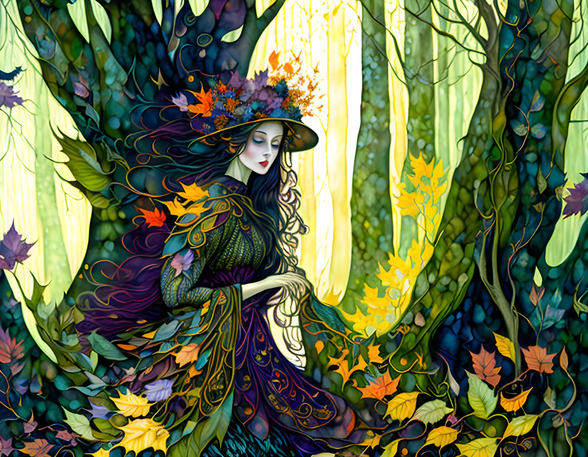 Illustration of woman merging into autumn forest with flowing garments and leafy hat