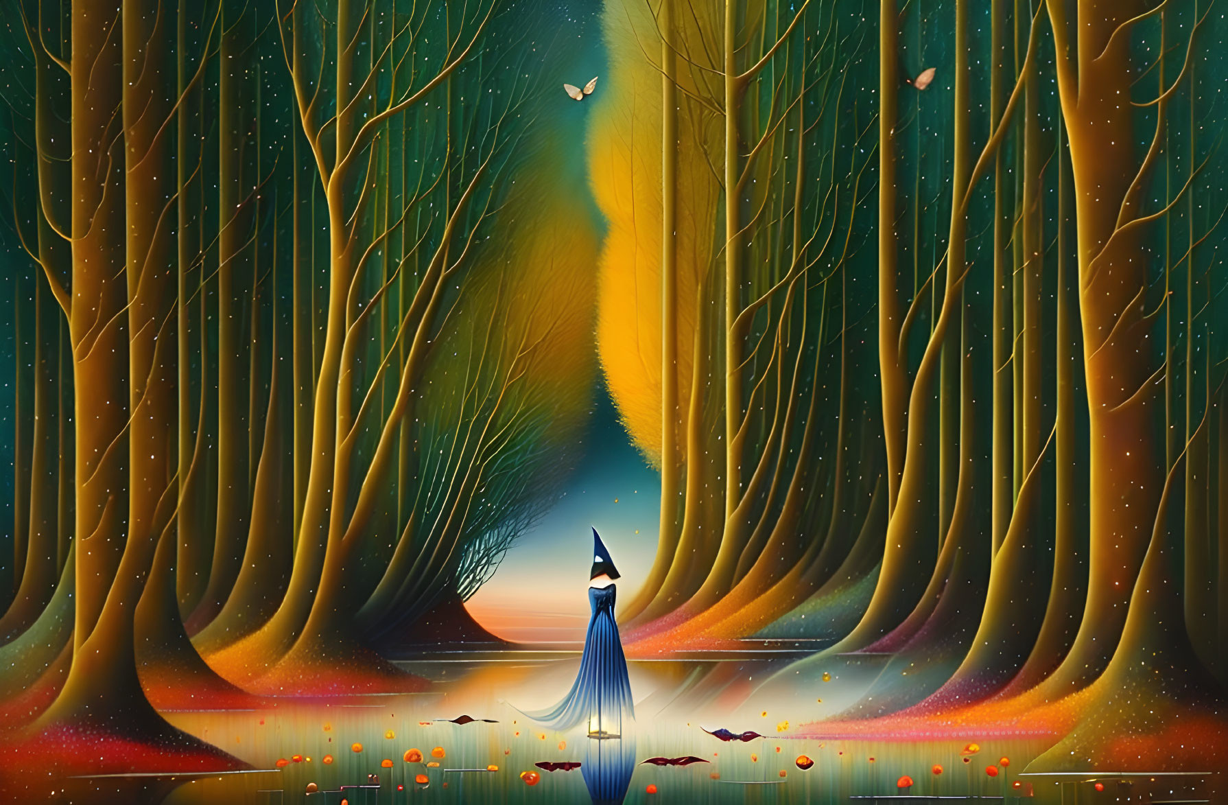 Person in blue cloak in mystical forest with colorful trees, reflective water, glowing flowers, floating leaves,