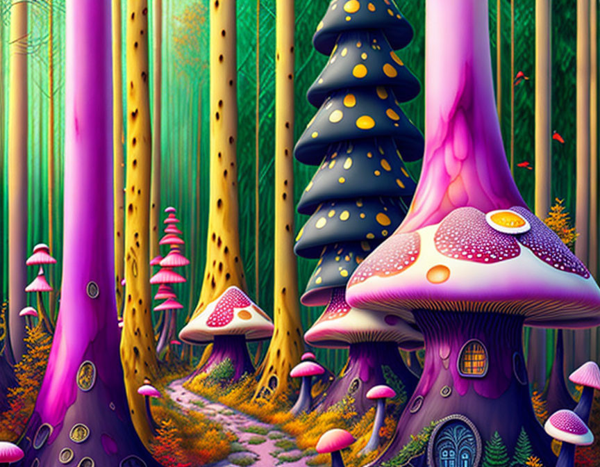 Colorful Fantasy Forest with Oversized Mushrooms and Whimsical Trees