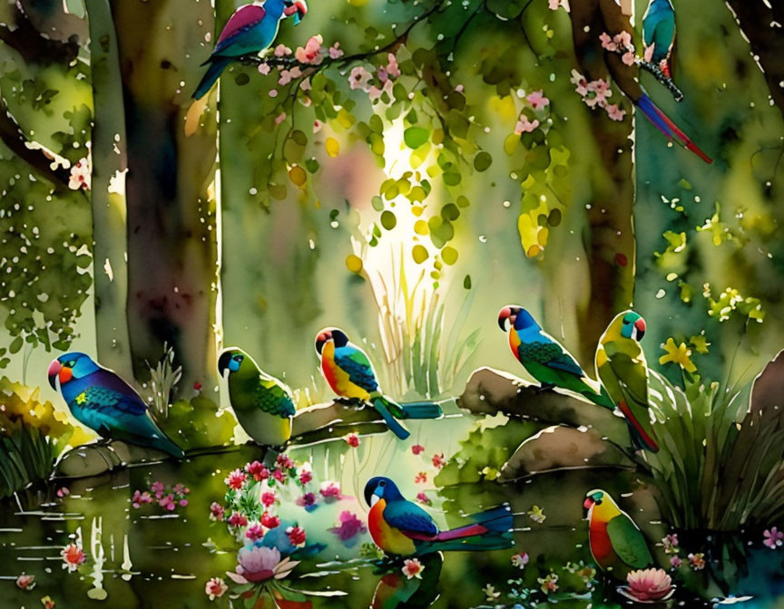 Colorful Parrots in Enchanted Forest Watercolor Painting