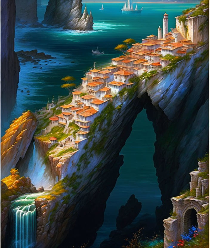 Coastal fantasy village with cliffside houses, waterfall, and sea view from cave.