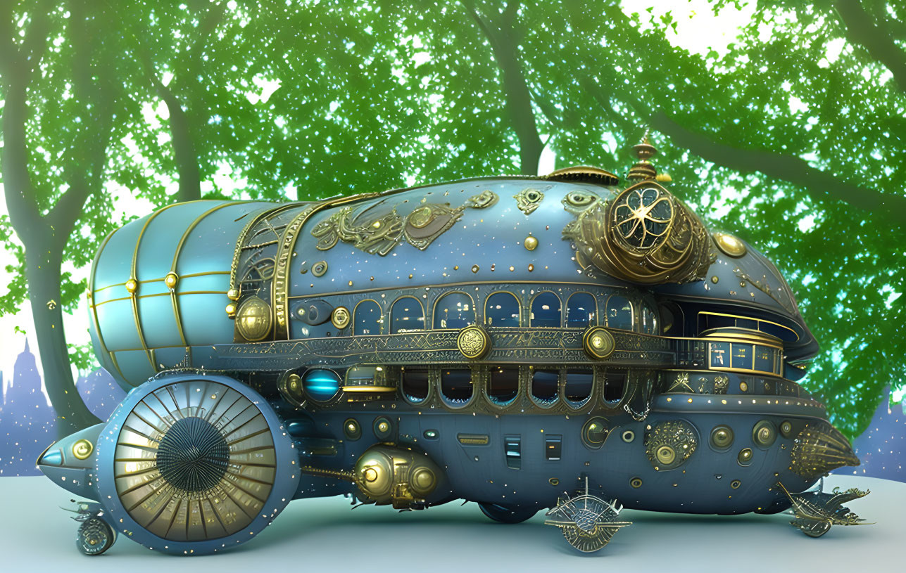 Elaborate steampunk submarine in forest clearing