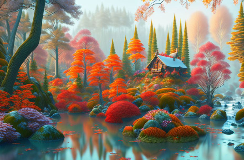 Tranquil autumnal fantasy landscape with small house and vibrant trees.