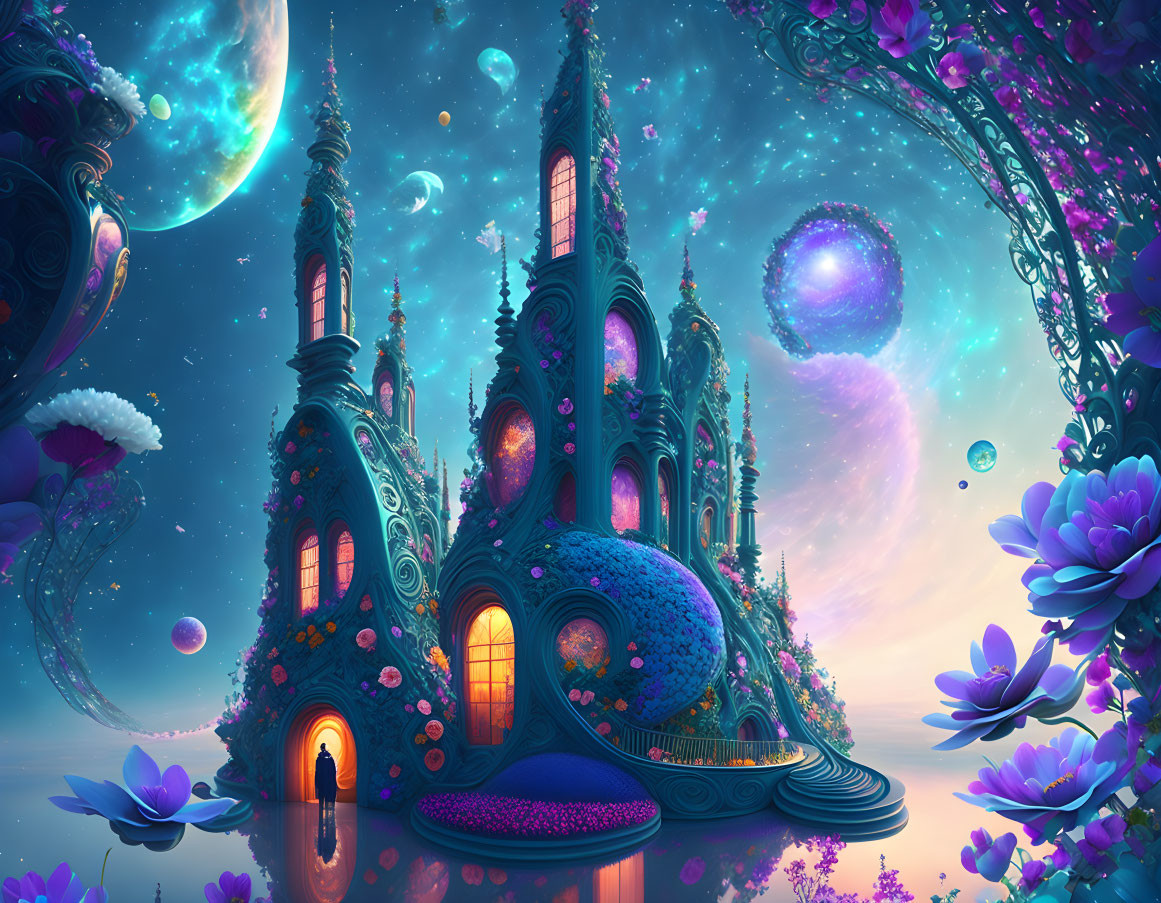 Fantasy landscape with glowing castle, oversized flowers, and floating orbs