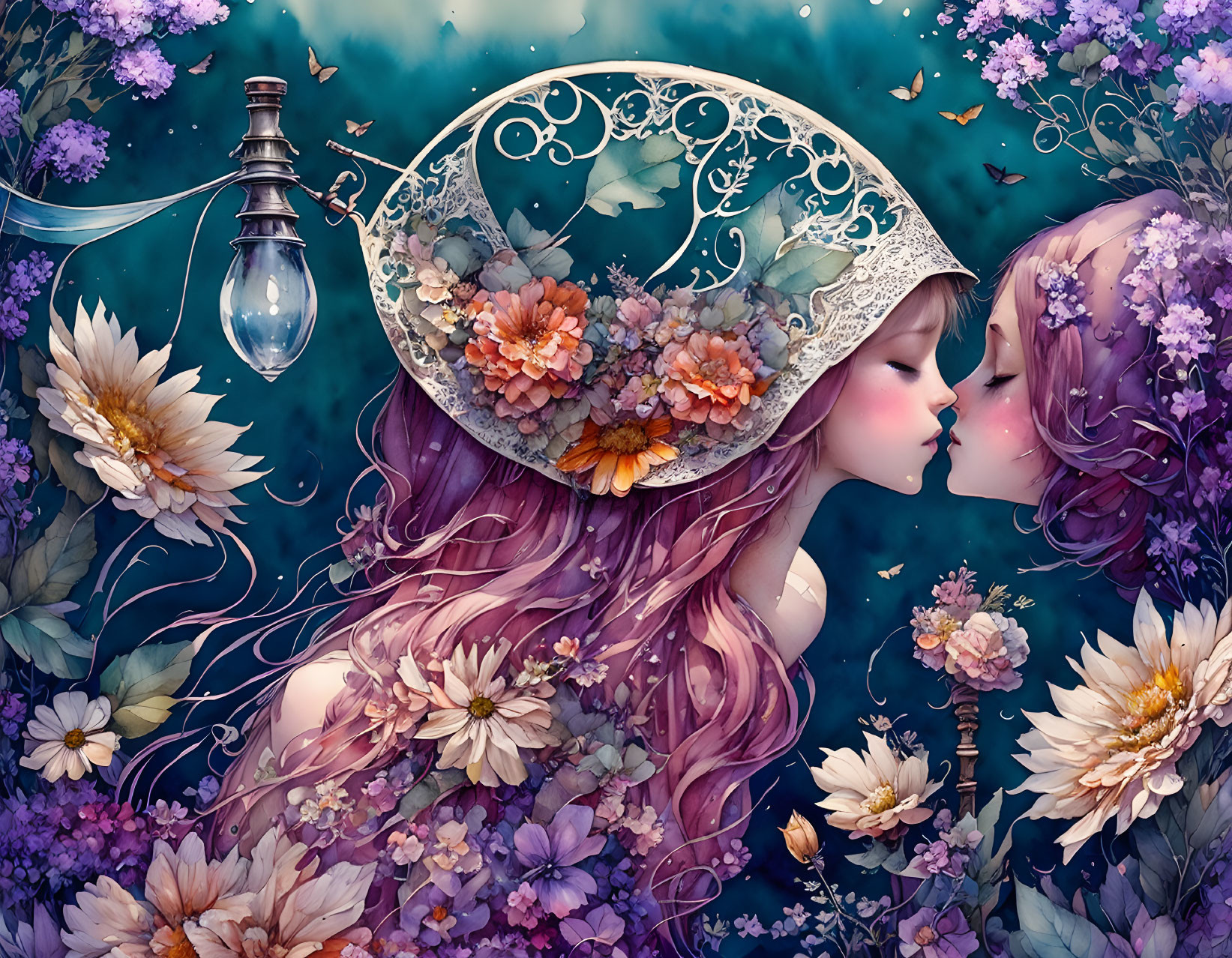 Whimsical embrace of stylized female figures with floral hair under crescent moon