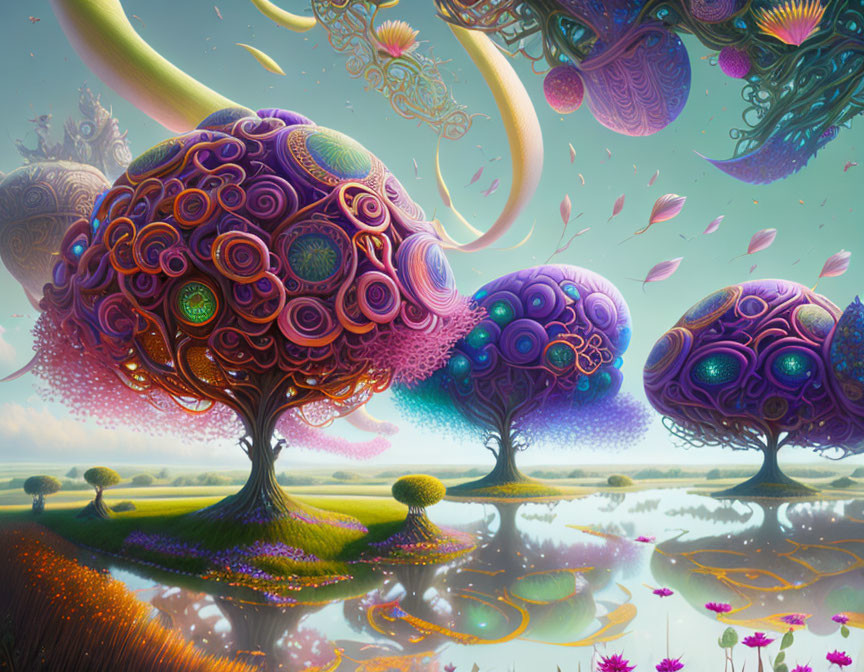 Fantastical landscape with whimsical spiral-patterned trees and vibrant sky