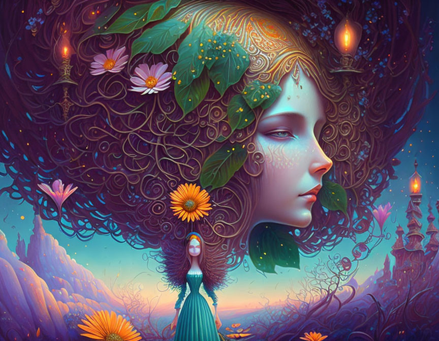 Surreal nature-inspired woman with flower and leaf hairstyle on blue backdrop