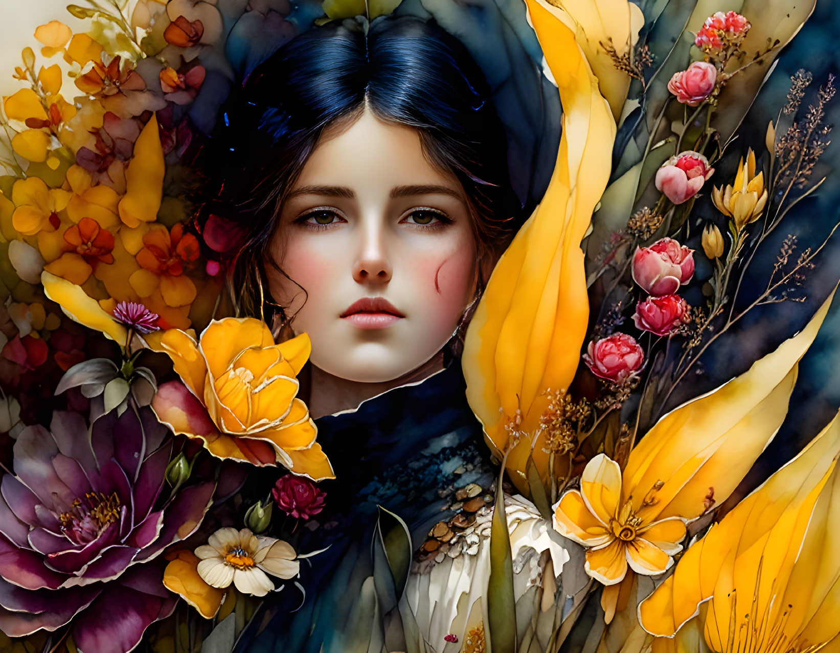 Woman in Vibrant Flower Surroundings with Detailed Face and Blue-Black Hair