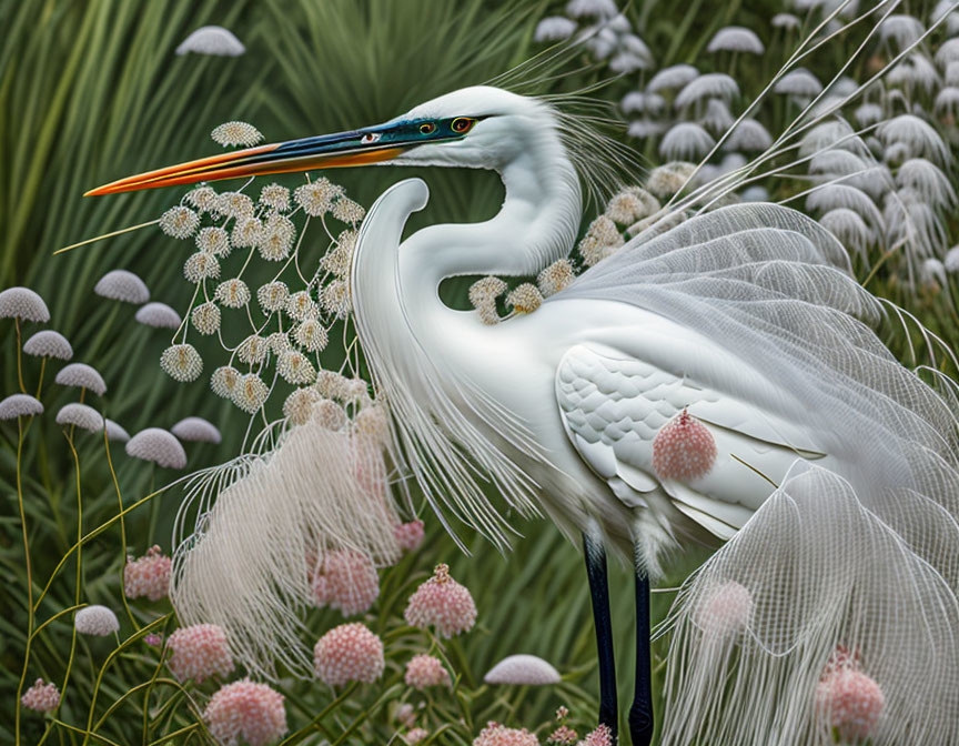 White great egret surrounded by blooming flowers and greenery with open beak.