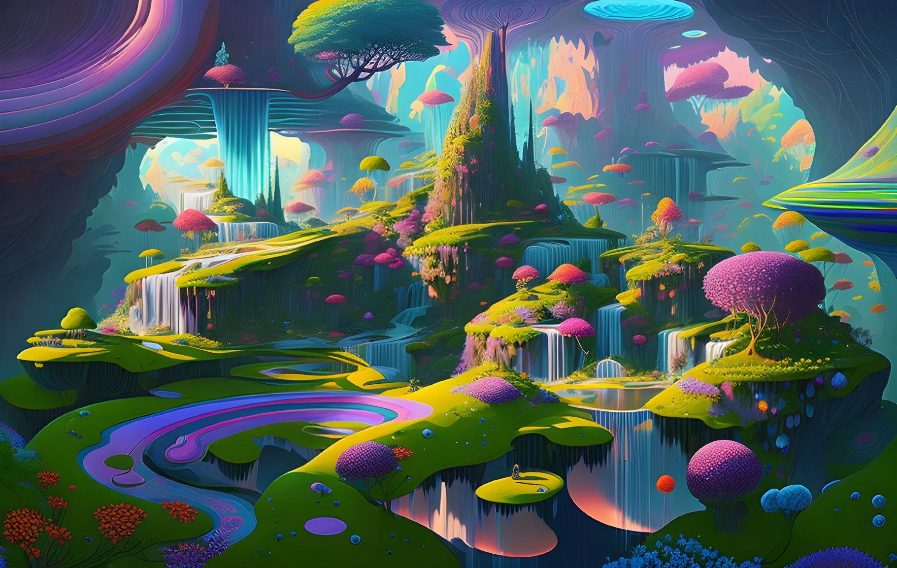 Fantastical surreal landscape with vibrant flora under colorful sky