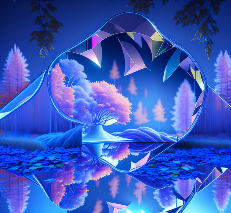 Abstract refractive crystal shape in surreal neon-lit forest landscape