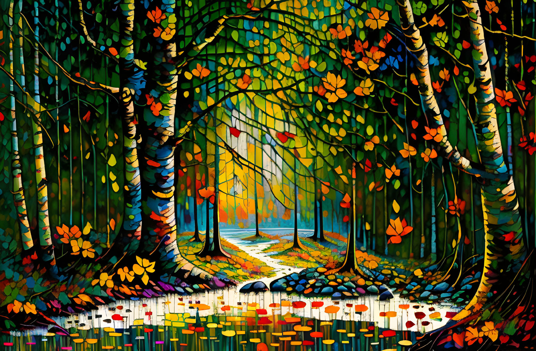 Autumnal forest painting with colorful trees and serene water reflection