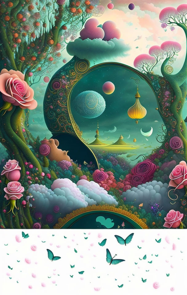 Vibrant surreal landscape with mirror reflection of whimsical scene