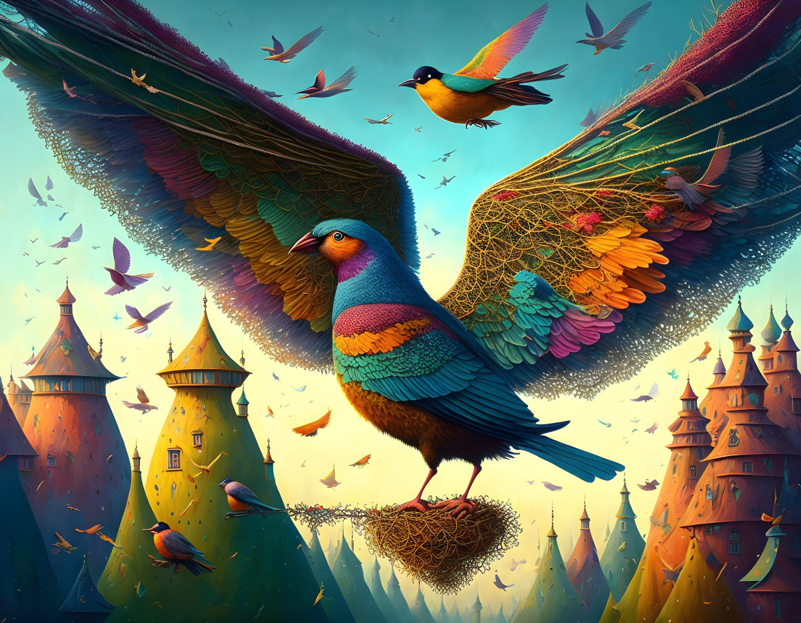 Colorful giant bird on nest with flying birds and whimsical castles in background