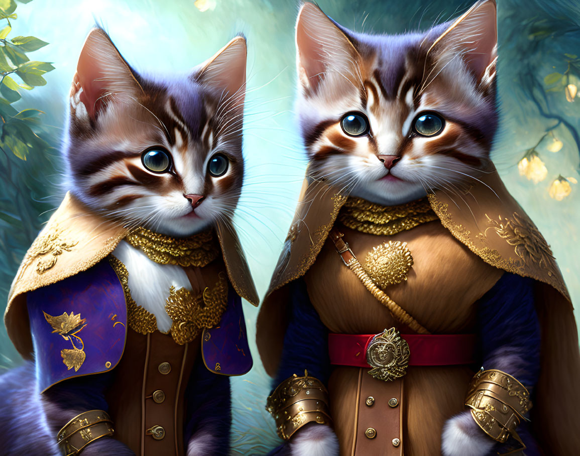 Regal cats in historical military uniforms with golden epaulettes.