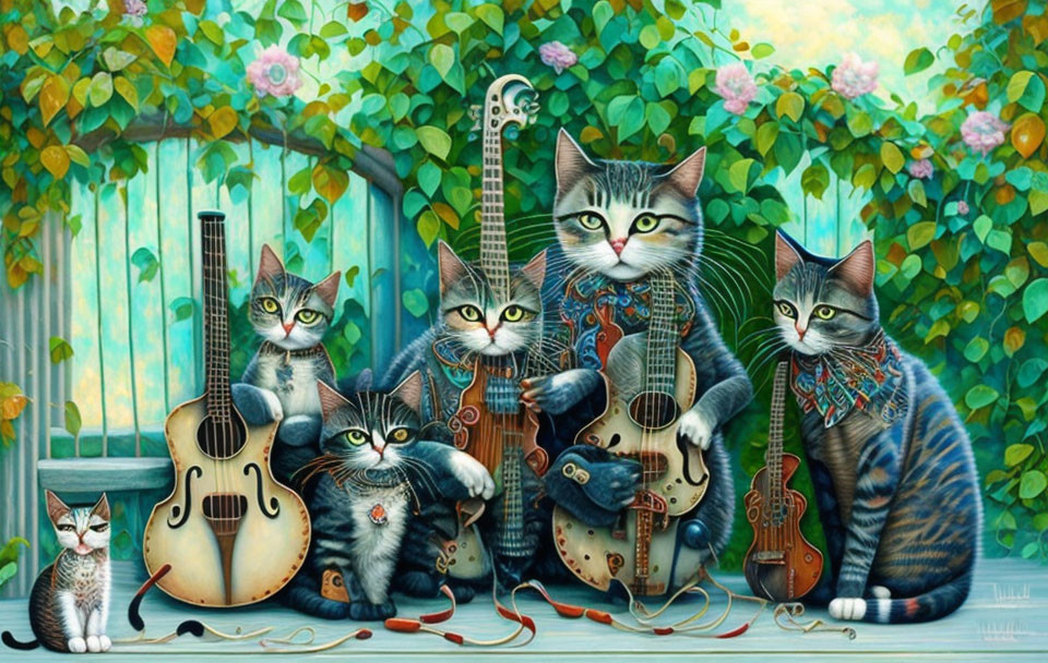 Five cats with unique markings and stringed instruments in a greenery backdrop.