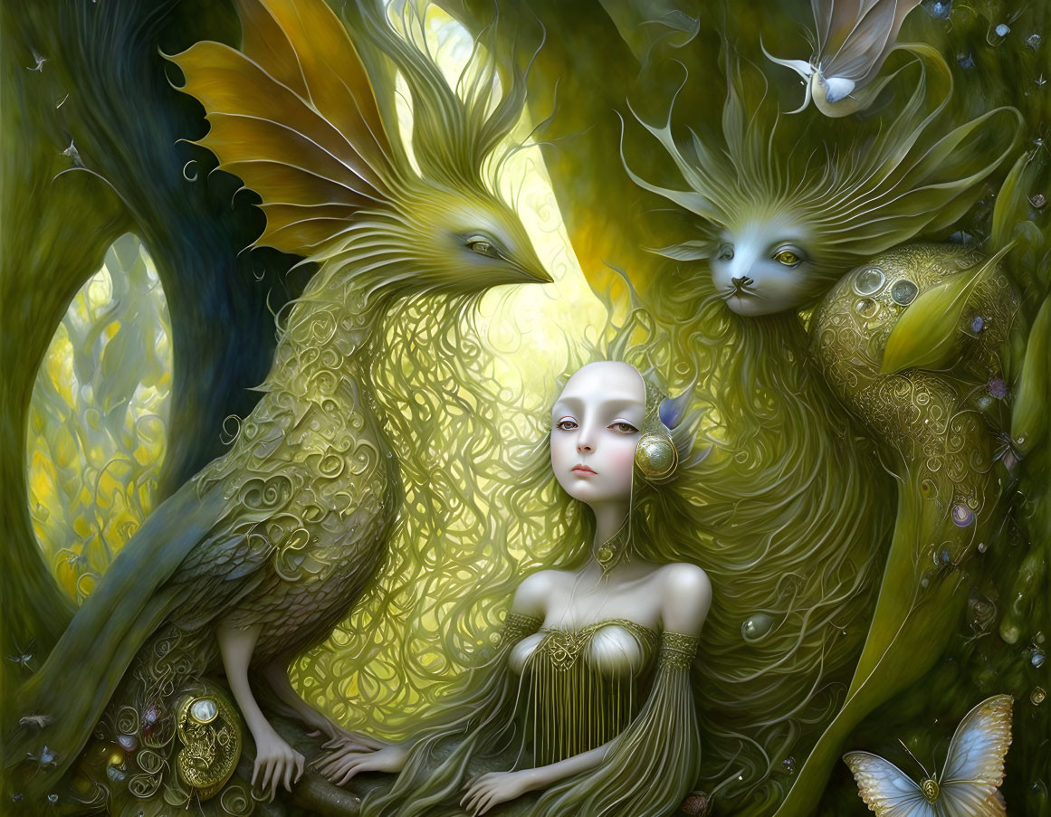 Fantasy illustration of serene woman with mythical bird-like creatures in enchanted forest