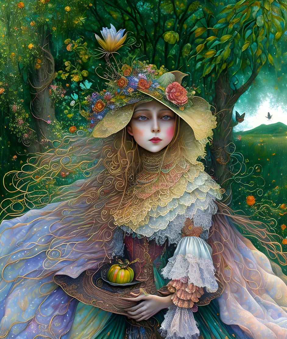 Ethereal woman in floral hat and gown with pumpkin in whimsical forest