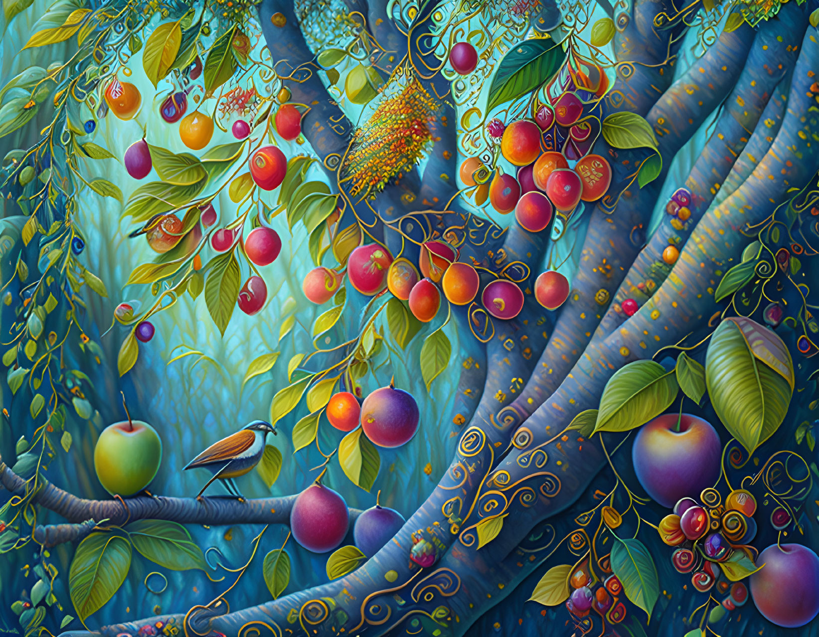 Fantastical painting: Lush forest with colorful fruits