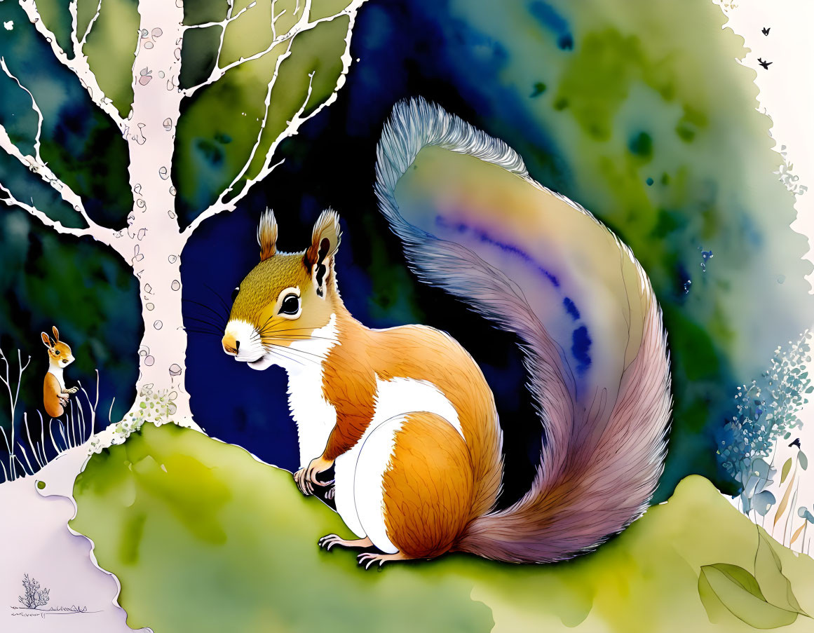 Vibrant forest scene with colorful squirrels