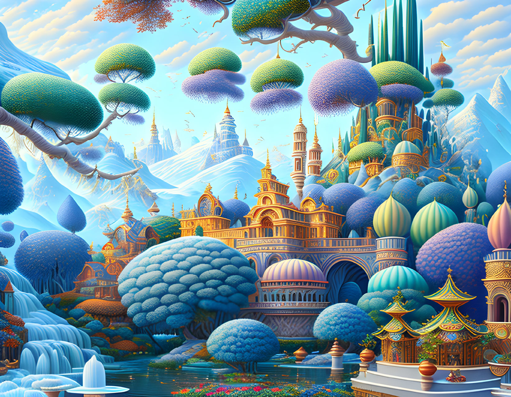 Colorful fantasy landscape with floating islands, mushroom-shaped trees, and domed palaces