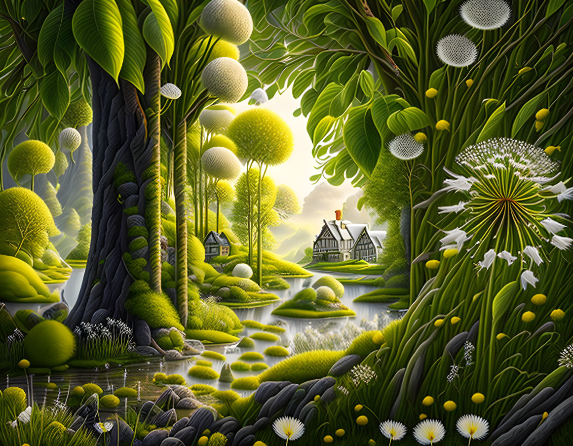 Whimsical landscape with lush greenery, floating dandelion seeds, and serene water bodies