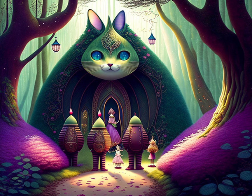 Illustration of giant cat-shaped gateway in enchanted forest with children and whimsical trees.