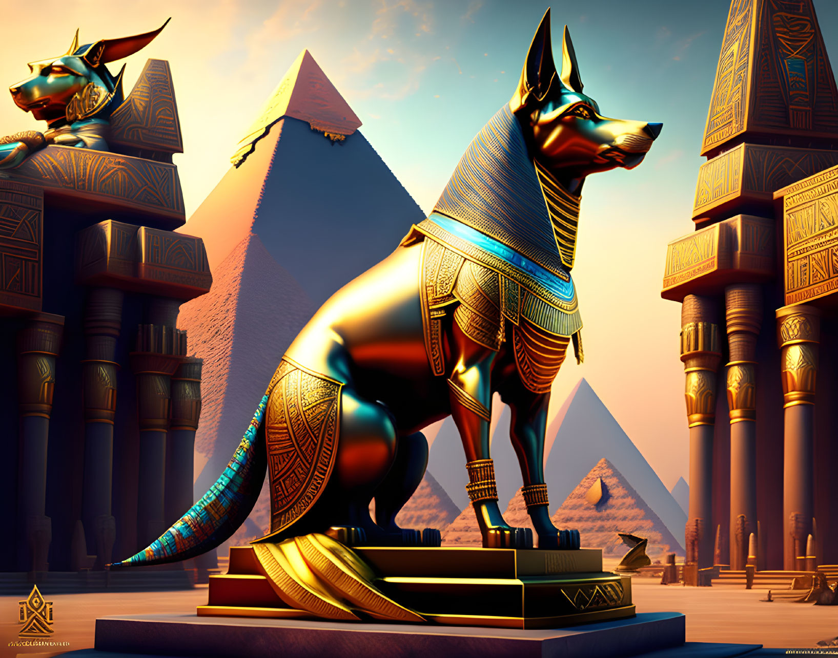 Golden and Blue Anubis Statue by Pyramids and Sphinxes