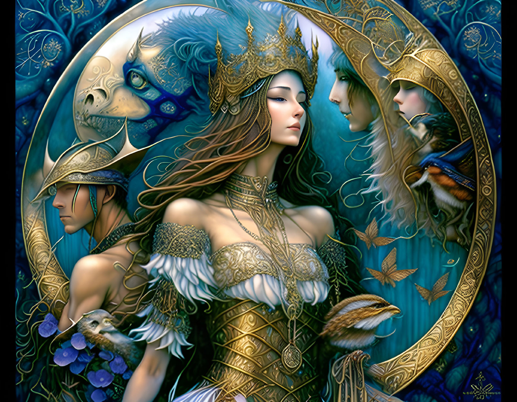 Intricate fantasy artwork with regal woman, knight, and wolf in ornate attire