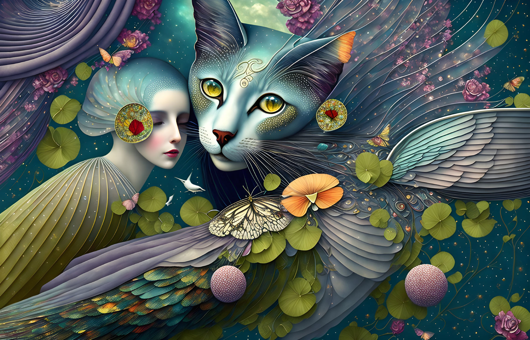 Surreal winged woman and majestic winged cat in floral orb backdrop