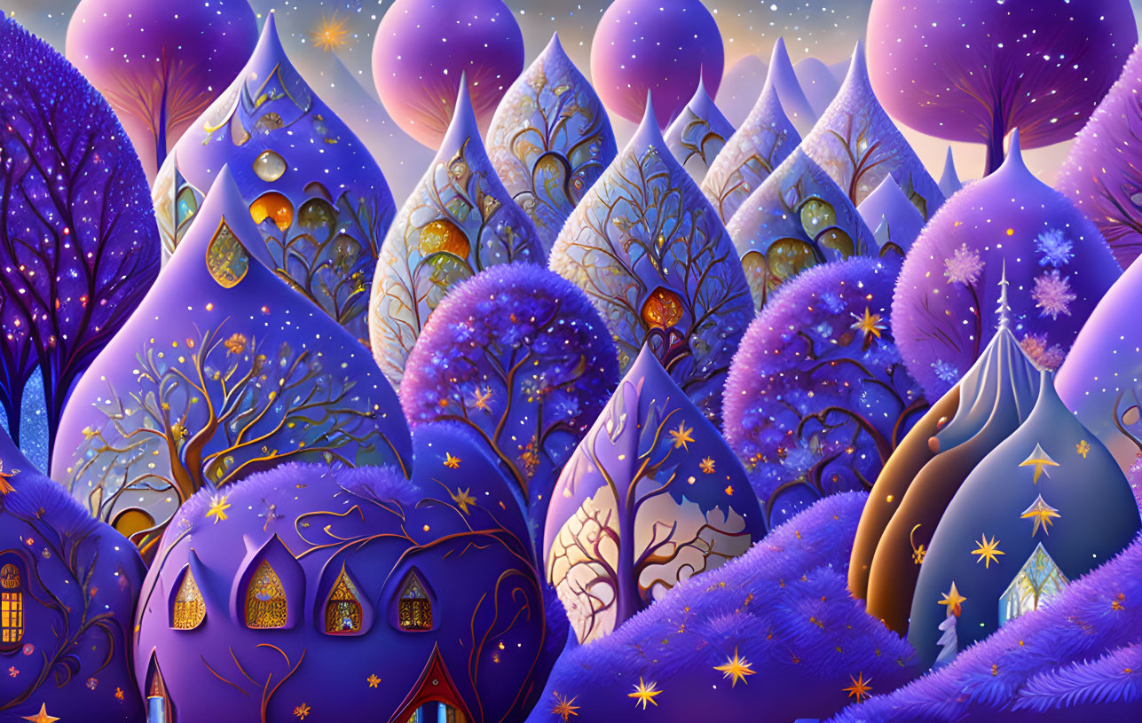 Whimsical winter village with purple trees and ornate houses