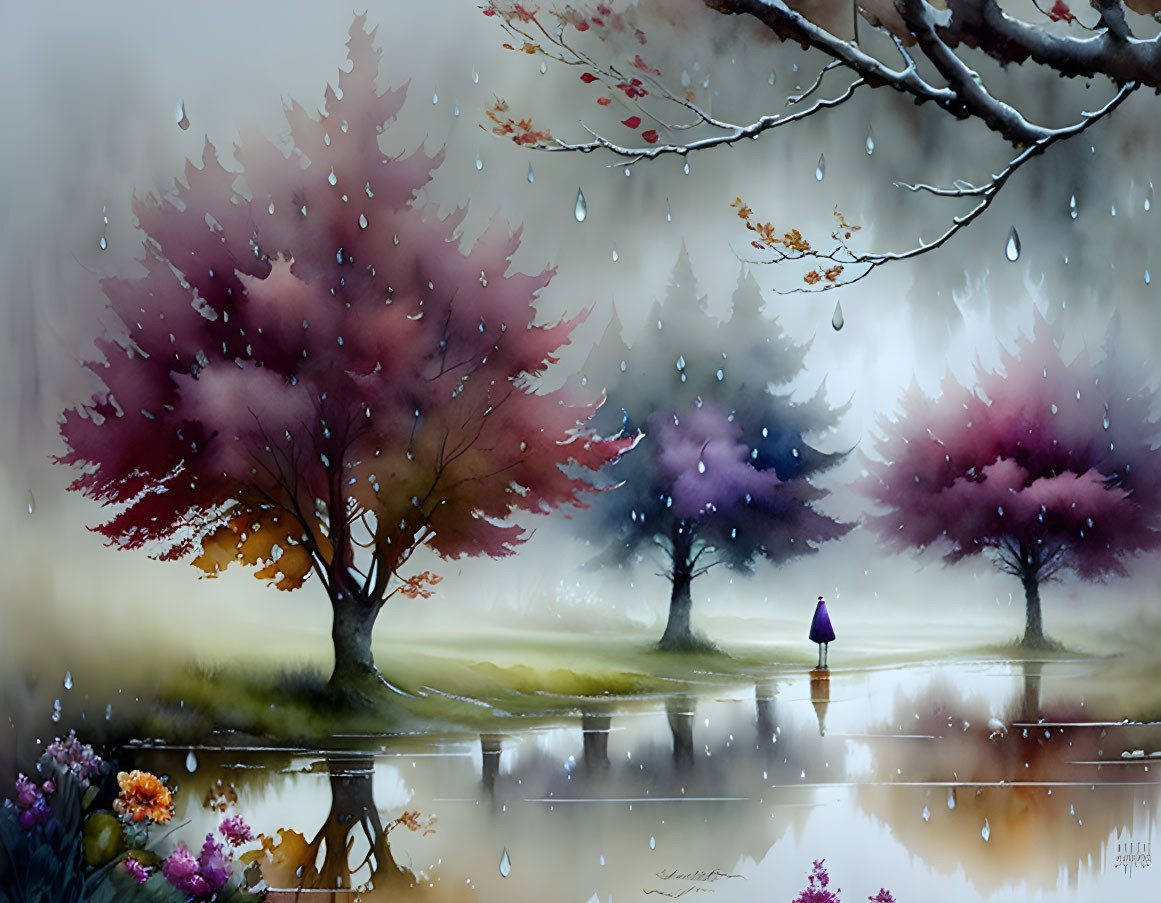 Tranquil artwork: person with umbrella in misty landscape with colorful trees and rain droplets.