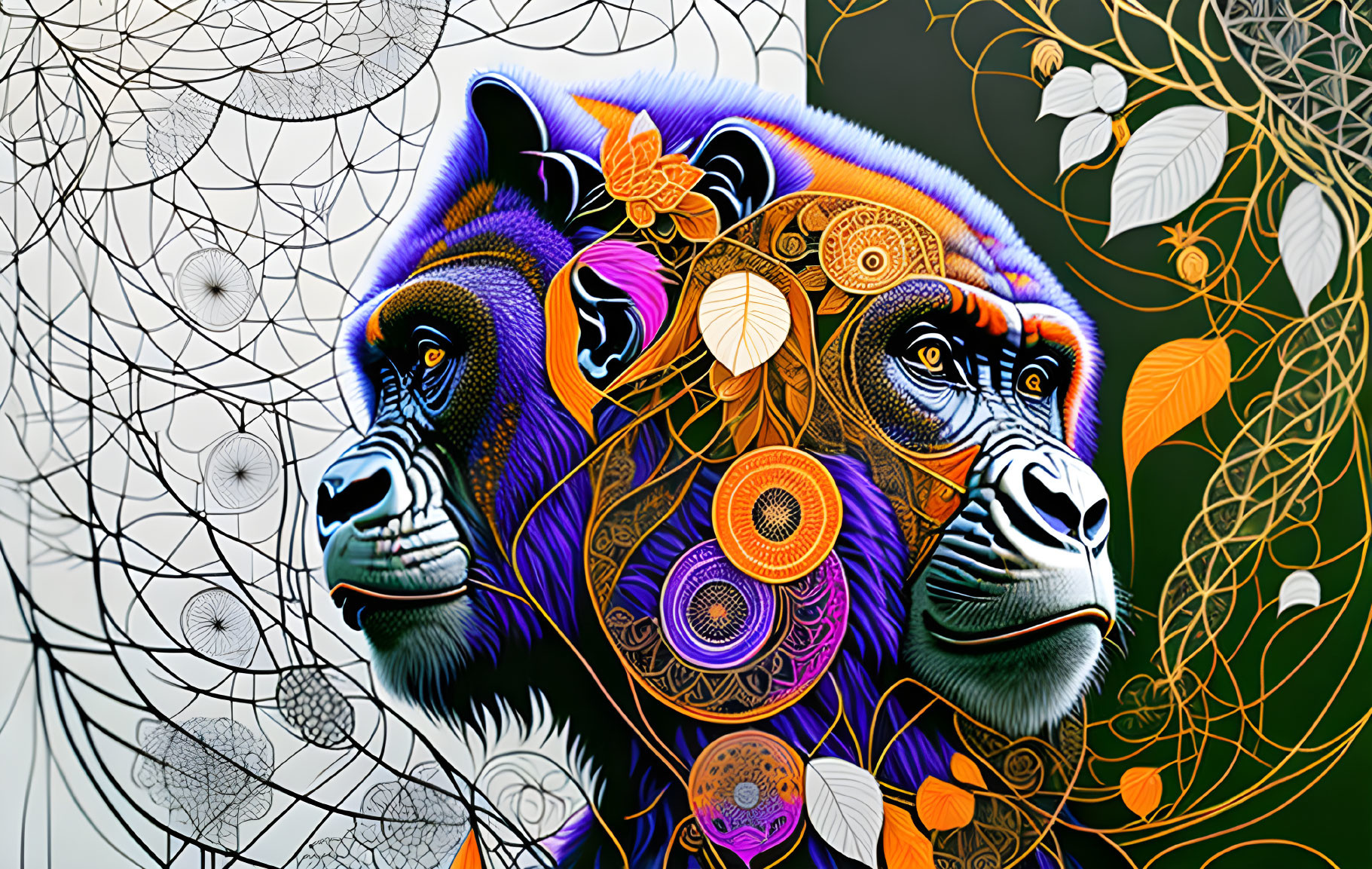 Colorful digital artwork: Three bear faces with intricate patterns on monochromatic background.