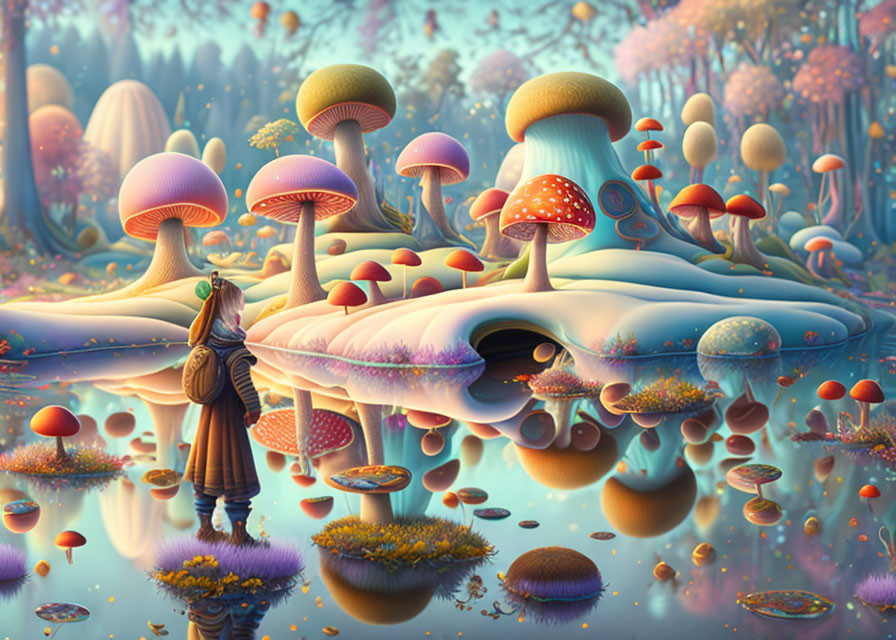 Cloaked figure by tranquil lake with vibrant mushrooms.