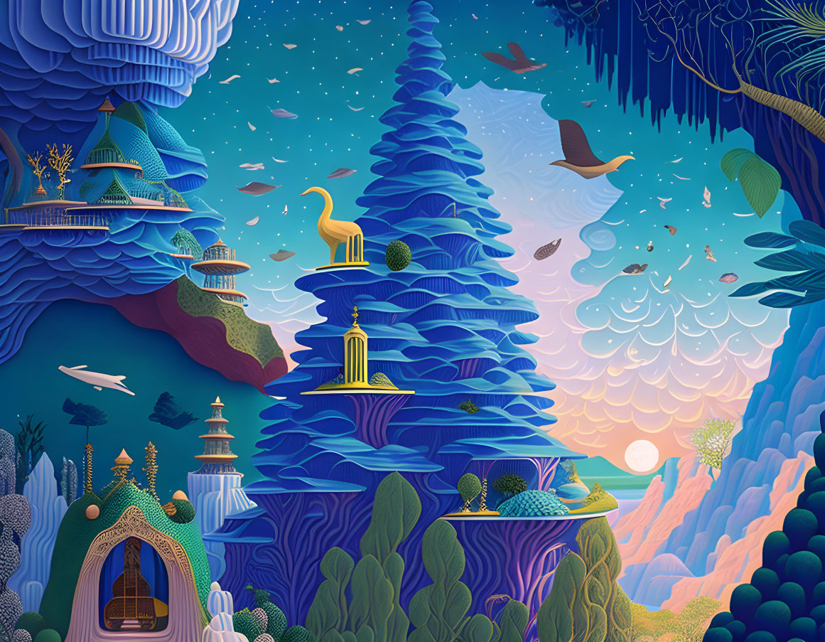 Fantastical landscape with blue mountains, whimsical structures, birds, and lush greenery